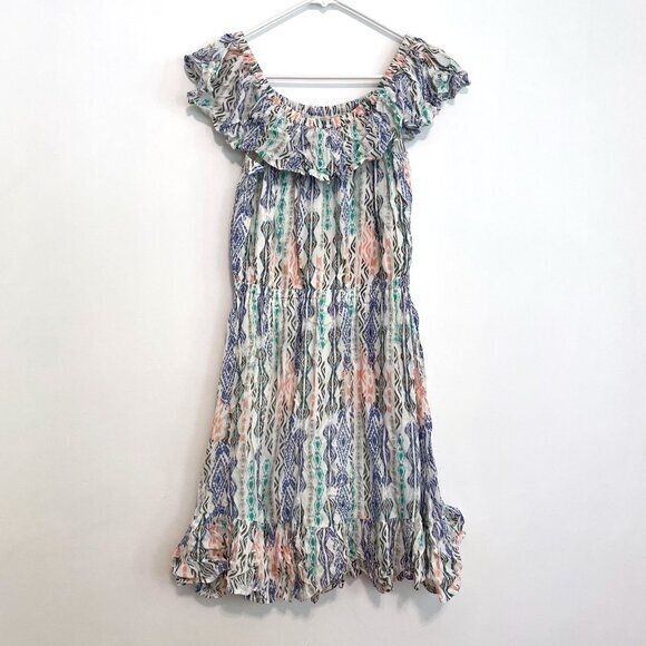 NEW NWT CHELSEA & THEODORE Flounce off the Shoulder Dress White Aztec Boho Mini - Picture 2 of 14